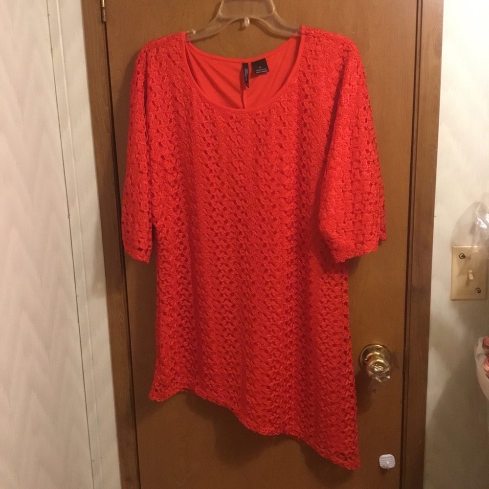 Bright Orange Asymmetrical Crochet Overlay Women's Top Blouse 1X